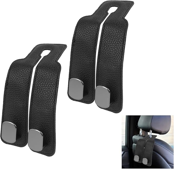 Liqqlex 2 Pcs Car Hooks for Headrest Leather and Metal Material, Universal Car Seat Hooks for Purses and Bags, Easy Install, Back Seat Organization, Suitable for SUVs, Sedans, and Minivans
