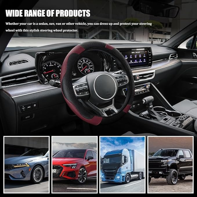 Car Steering Wheel Cover, Steering Wheel Cover Protector, 15 Inch Carbon Fiber Microfiber Leather Elastic Steering Wheel Protector, Car Steering Wheel Accessories for Vehicles (Black WineRed)