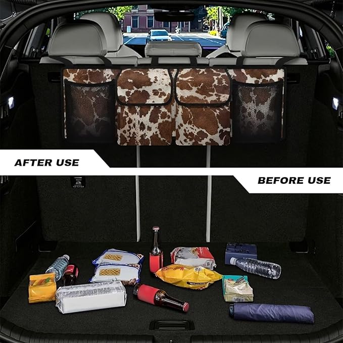 Brown Cow Print Car Trunk Organizer, Oxford Backseat Storage Bag with 4 Pockets, Waterproof Adjustable Large Capacity Hanging Collapsible Bag for Most Vehicles, Universal Car Accessories