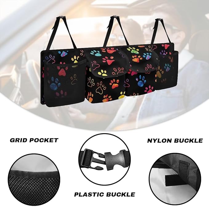 Dreaweet Colorful Dog Paw Print Trunk Organizer for Car Women Hanging Seat Back Storage Car Backseat Trunk Organizer Collapsible Car Storage Bag with 4 Pockets SUV Car Organizer