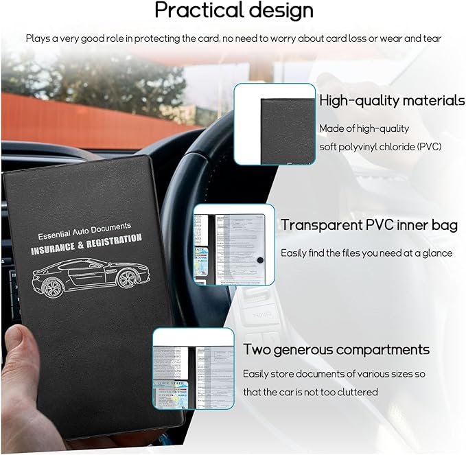 Car Registration and Insurance Holder, 10.39''×9.56'' Essential Auto Card Document Glove Box Organizer with Closure, Universal Car Interior Accessories (Black, Large Car)