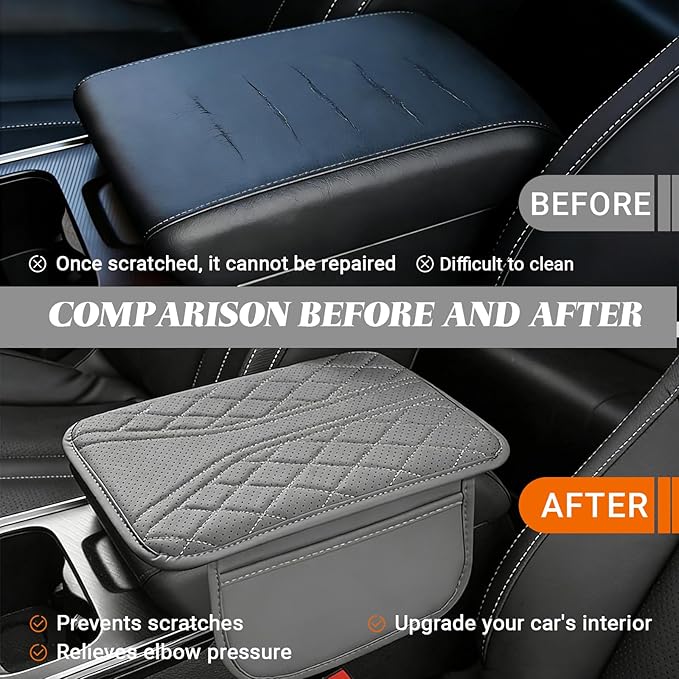 KoiLuvGo Upgraded Car Center Console Cover, Leather Auto Armrest Cover with 2 Storage Bags, Waterproof Center Console Protective Pad, Universal Cars Armrest Storage Box for Sedan, SUV, Truck (Gray)