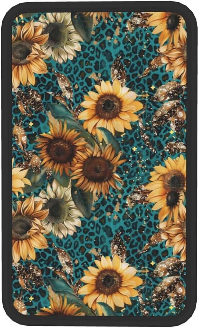 Sunflower Leopard Print Center Console Armrest Cover Flower Floral Arm Rest Seat Box Covers Protector Blue Vintage Car Decor Accessories Padding for Most Cars Sedans Vans Truck SUVs