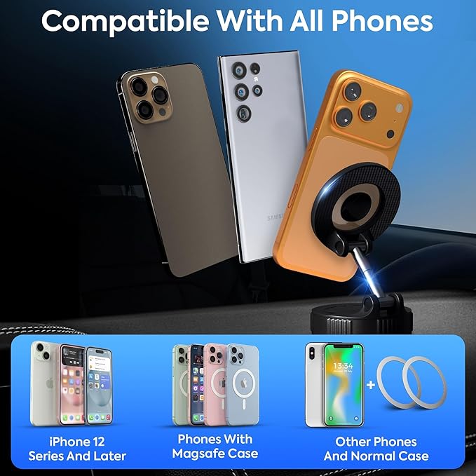 2026 Upgraded Vacuum Magnetic Phone Holder for Car, Premium Car Phone holder MagSafe, Universal 360° Dashboard Phone Holder with Strong Suction Grip, Carbon Fiber Style For Smartphones/Kitchen/Gym