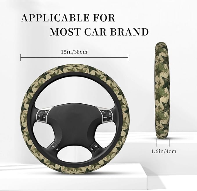 Star Army Green Steering Wheel Cover for Women Men Girls, Car Accessories Decor Thickened Anti-Slip Auto Steering Wheel Covers Protector Universal Fit 15 Inch for Cars, Truck, SUV