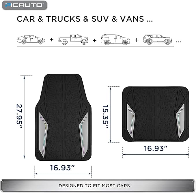 PIC AUTO Rubber Floor Mats, Silver Aluminum Film with Colorful Piping Floor Mats for Cars, Car Mats with Non-Slip Backing, All-Weather Protection, Trim-to-Fit Liner for Cars, SUVs, Trucks, Vehicles
