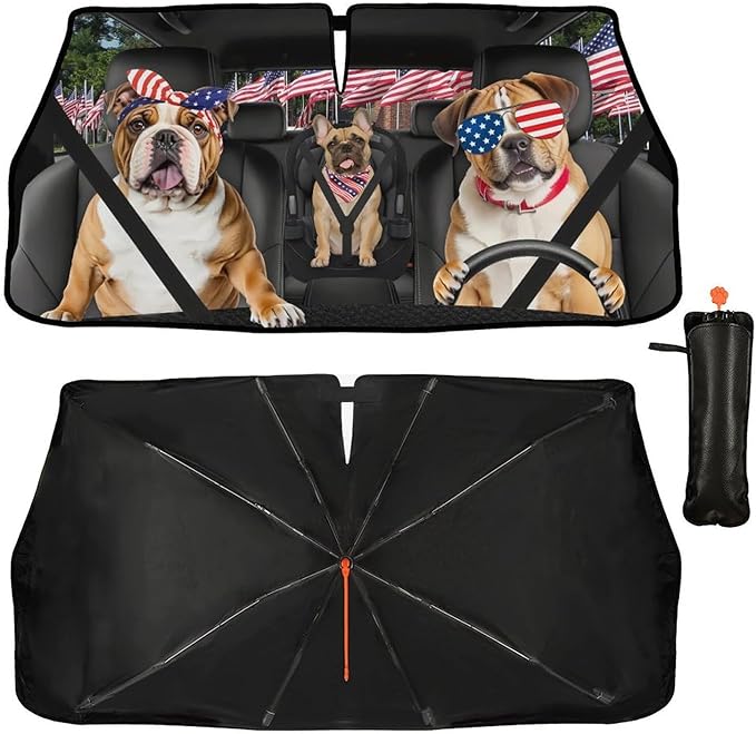 DOPINDU American Flag Car Windshield Sun Shade Umbrella Bendable Handle Foldable Funny Bulldog Sunshade for Car Windshield Block UV Rays Keep Vehicle Cool for Most Sedans SUV Trucks Cars 57"x30"