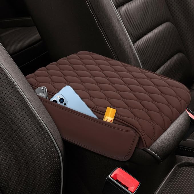 Upgraded Car Center Console Cover, Armrest Cover for Car, Waterproof Leather Auto Armrest Cover Protector with 2 Pocket, Comfortable Arm Rest Box Cushion Pad for Vehicles, Trucks (Coffee)
