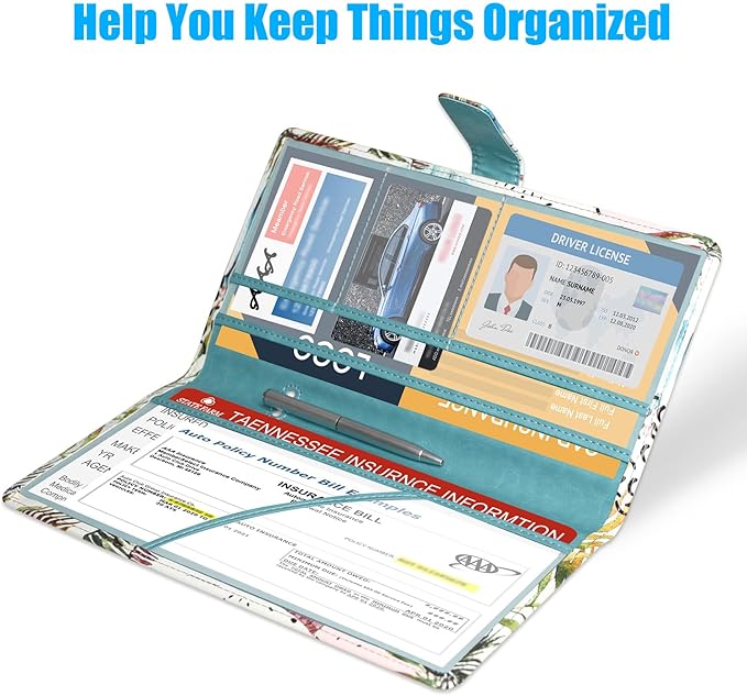 DMLuna Car Registration and Insurance Holder, Leather Vehicle Card Document Glove Box Organizer, Auto Truck Compartment Accessories for Essential Information, Driver License Cards, Coconut Tree