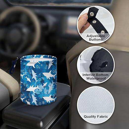 Blue Shark Car Trash Bin Hanging, Waste Basket - Cute, Portable, Collapsible, Waterproof Rubbish Bag for Back Seat, Floor, or Hanging Headrest