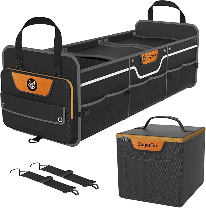 SugarFox Car Trunk Organizer for SUV, Heavy Duty Waterproof Trunk Organizer, Foldable Collapsible Car Organizer with Cooler, Multi-Compartment Large Trunk Organizer (95L), Black-M003