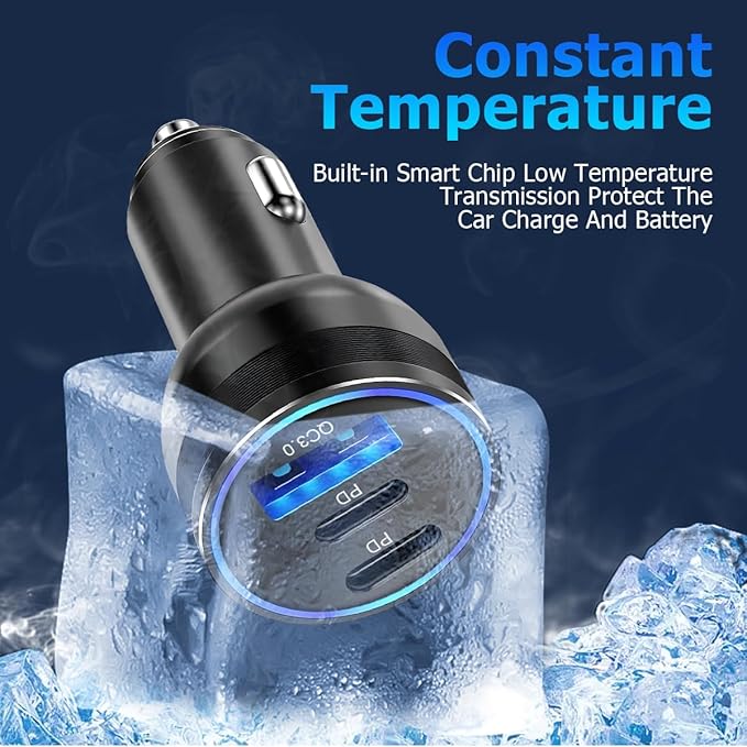 USB C Car Charger, Fast Charging 3 Port Dual PD & USB A Vehicle Power Adapter, PD3.0 QC3.0 Automotive Cigarette Lighter Charger Cable Accessories, Universal for SUV, Sedan, Truck