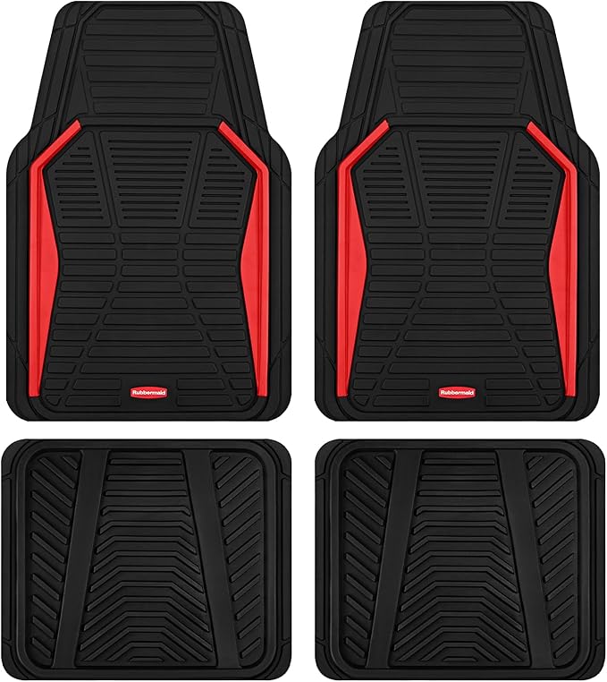 Rubbermaid Car Mat Full Set All-Weather Heavy-Duty 4 Pieces– Trim-to-Fit Universal Car Mats Full Set – Waterproof Rubber Floor Liners for Most Trucks, SUVs, Vans, and Sedans-Red