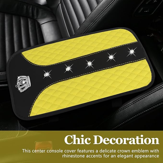 Bling Crown Car Center Console Cover, 12.7"×7.7" Armrest Cover for Cars, Waterproof Leather Arm Rest Box Pad Cushion, Universal Middle Console Cover Protector, Car Accessories (Yellow)