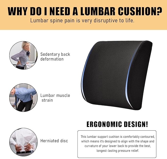 Lumbar Support Pillow, Memory Foam Back Support Cushion, Lumbar Pillow Improving Sitting Posture & Back Pain Relief Suitable for Car, Office Chair, Car Accessories (Black)