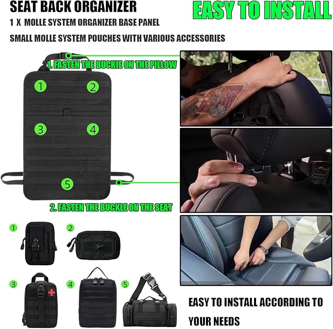 AIAUTOAIEV 7 PACK Tactical Seat back organizer Truck organizer With 6 Detachable Pouches Universal For Car Truck Ford Jeep Military-Grade Heavier Panels With Multi-functional Packs (Premium black)