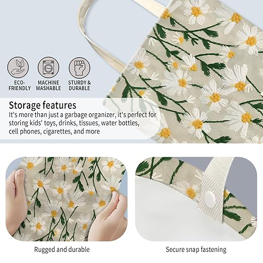 AUEKLLW Car Trash Can, Hanging Garbage Bin for Men and Women, Cute Car Organizer and Storage Bag, Canvas Vehicle Trash Can Bag Easy-to-Install Cute White Floral