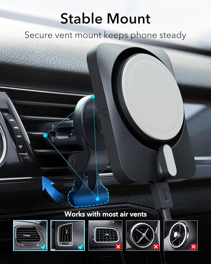 ESR for 15W MagSafe Car Mount Charger with CryoBoost, Made for Apple-Certified, for MagSafe Car Mount, Magnetic Wireless Car Charger for iPhone 17e/17-12, S26/S25, Fast Charging, Phone-Cooling Charger