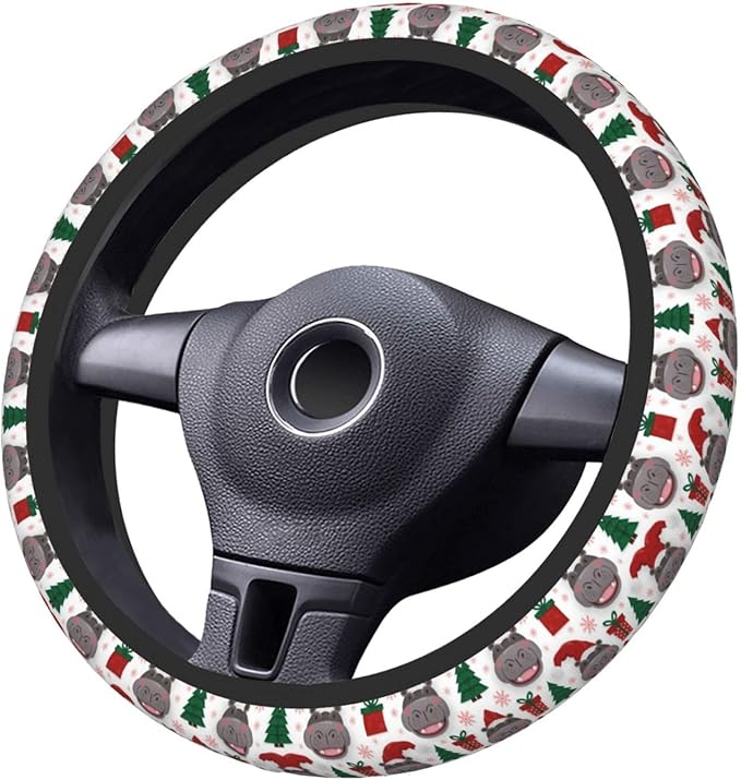 Neoprene Steering Wheel Cover Christmas Hippos with Santa Hats Car Steering Wheel Cover Universal Fit for Most Cars
