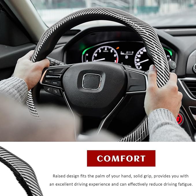 Sun Walker Carbon Fiber Car Steering Wheel Cover, 15" Anti-Slip Wear-Resistant Steering Wheel Protector Stylish Interior Decor, Ultra-Thin Comfortable Leather Wheel Cover for Women Men (Silver)