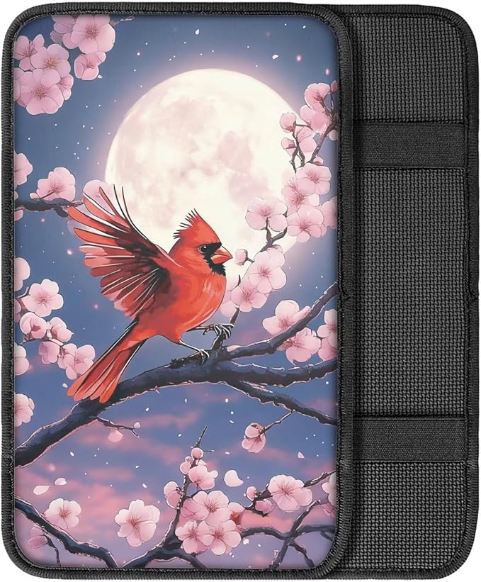 Cardinal Moon Print Armrest Cushion Cover for Car Cherry Blossom Print Car Center Console Armrest Cover Neoprene Car Arm Rest Pad