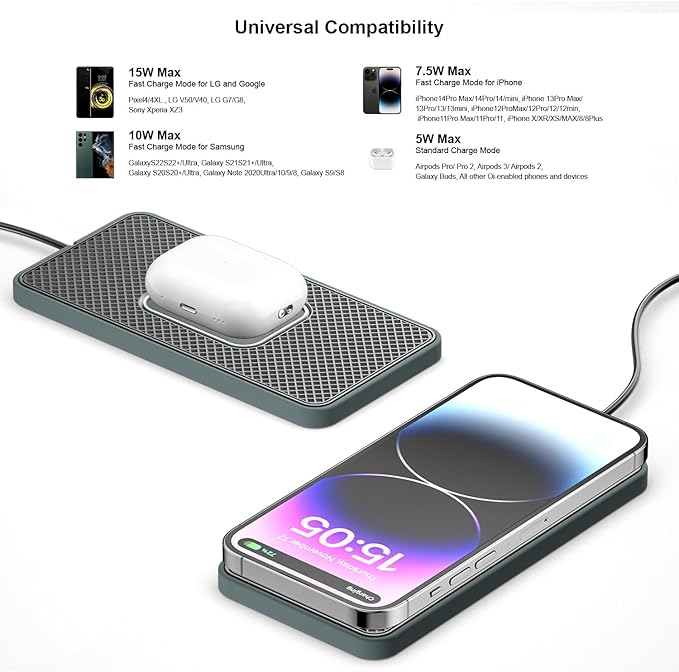 Wireless Charger for Car, Wireless Fast Charging Pad, Charging Station for Multiple Devices, Adapter for AirPods iPhone16/15/14/13/12 Pro/Android Samsung S20 S21 S22 S23 (1 Meter Cable)