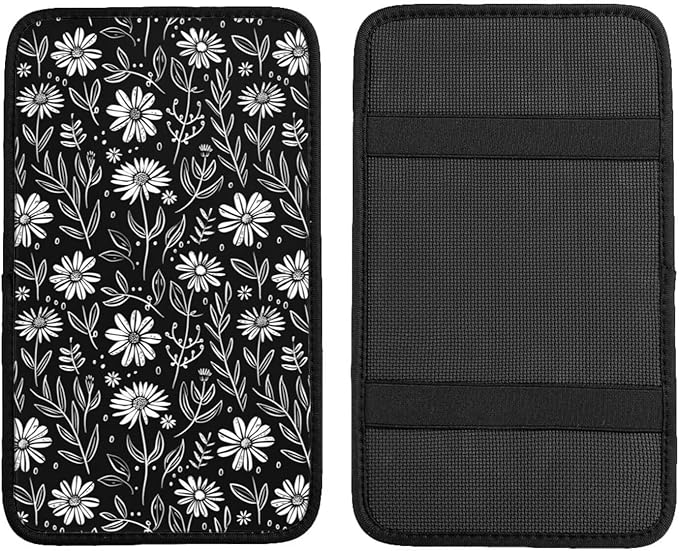 Daisy Car Center Console Cover Black White Floral Armrest Cushion Cute Arm Rest Protector Interior Accessories Fit for Most Cars Sedans Vans Truck Vehicles SUV