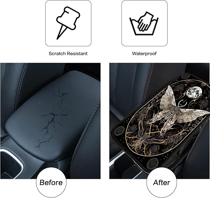 JANENFNA Car Armrest Cover Pads Universal Fashion Cute Auto Center Console Armrest Cover Pad with 2PCS Car Coasters Soft Waterproof Car Armrest Seat Protector for Women,Moth Crescent Moon