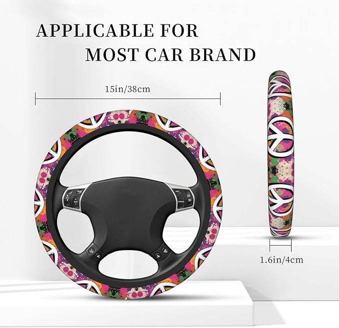 Colorful Art Peace Sign Neoprene Steering Wheel Covers Women Men Car Accessories, Universal 15 Inch Fit Auto, Suvs, Truck
