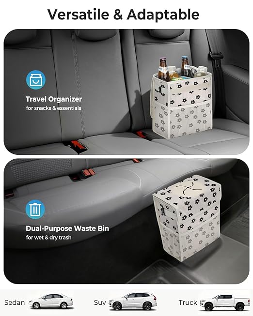 HORJONES Corduroy Car Trash Can with Lid and Mesh Pockets - Leakproof Organizer,Multipurpose Waterproof Garbage Can/Trash Bin for Car(Off-White Base with Black Floral Print-2 Gallons)