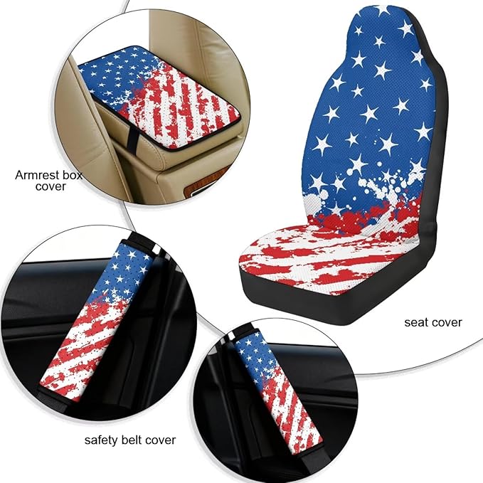 Qeluxign Car Seat Covers 2 Front Seats Splatter American Flag Universal Fit Center Console Protector Auto Seat Belt Cover Against Stains, Spills, Dust Car Interior Accessories 5 Piece Set