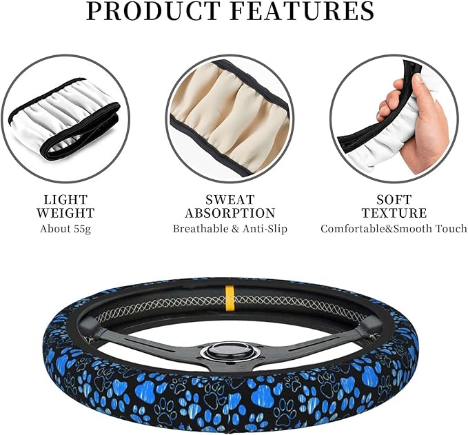 Dog Paw Print Steering Wheel Cover Anti-Slip,Sweat Absorption Universal 15 inch Steering Wheel Covers Cute car Accessories for Men Women