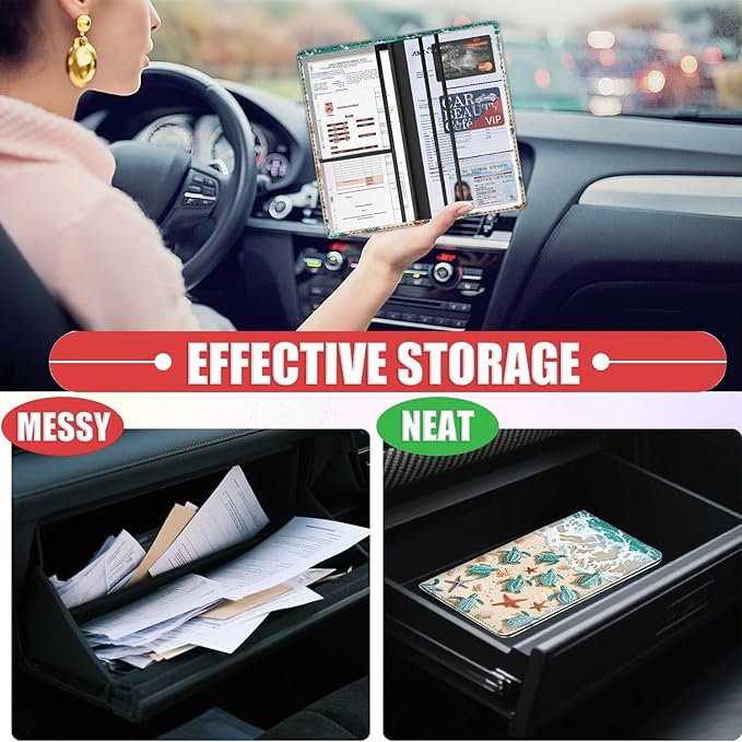 Car Registration and Insurance Card Holder for Women Men, Waterproof PU Leather Glove Box Car Organizer with Magnetic Shut, Vehicle Document Holder for Driver License,Cards, Turtles Crawl Into the Sea