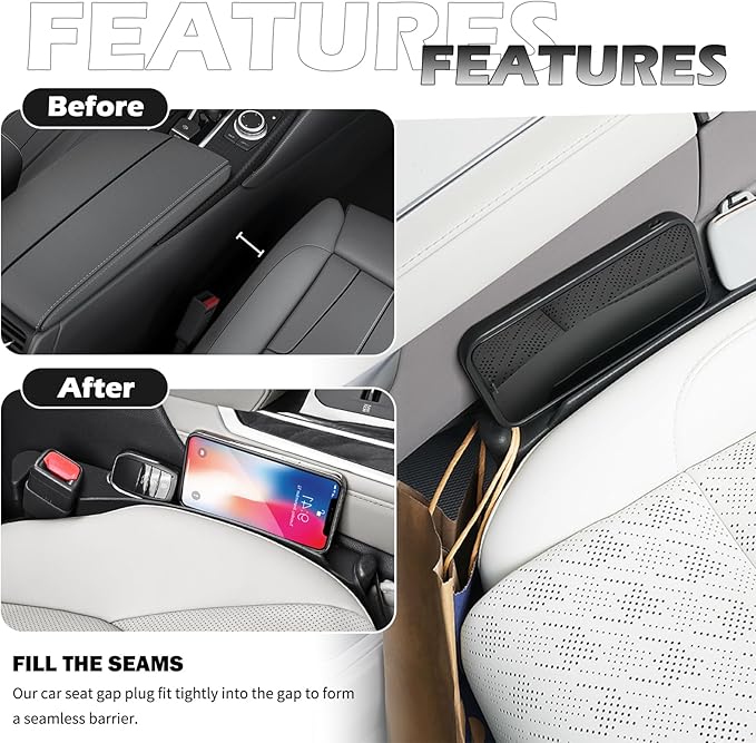 2PCS Car Seat Gap Filler,Upgraded 3 in 1 No Drop Seat Guard for Cars with Hook and Car Phone Holder Design,Universal Cars Seats Spacer Gap Filler for Double-Sided Use