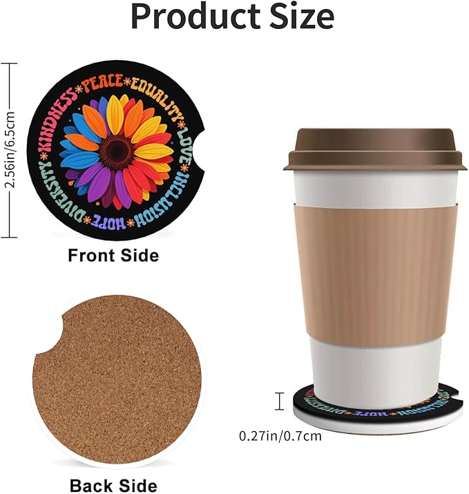 HUWAAI Kindness Peace Love Hope Car Cup Holder Coasters 2 Pack Universal 2.63 Inch Anti Slip Ceramic Absorbent Coaster with Cork Base and Finger Notch Cute Car Accessories Interior for Women