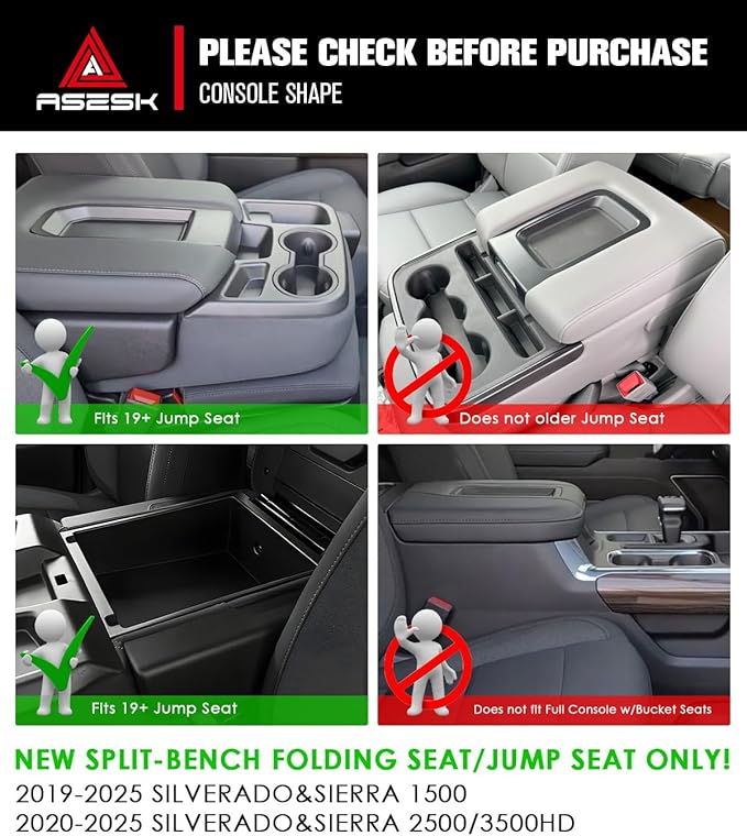ASZSK for 2019-2026 Chevy Silverado/Sierra 1500& 2020-2026 Silverado 2500HD 3500HD (Split-Bench Folding Seat) Center Console Upper Center Console Organizer ABS Materials