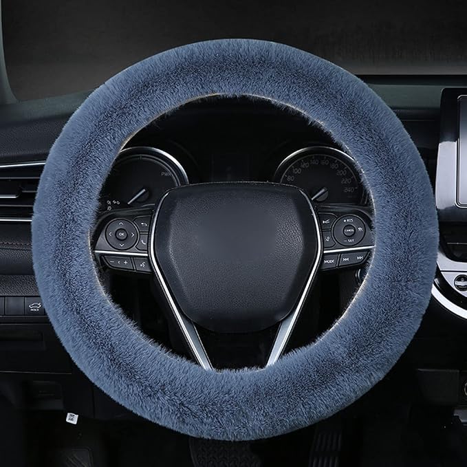 1 Set 6 Pcs Fluffy Car Steering Wheel Cover & Seat Belt Shoulder Pads & Handbrake Cover & Gear Shift Cover Set & Seat Belt Shoulder Pads Faux Wool Universal Fit Car Interior Accessories (Grey)