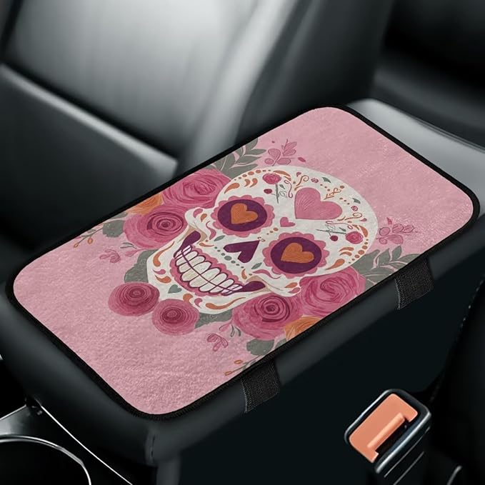 Bulopur Valentine's Day Skeleton Rose Center Console Cover Easy to Install Car Armrest Cushion Flannel Protector Protect from Pet Claws Thickened Universal Fit for Vehicles,Cars,Suvs,Vans,Sedans