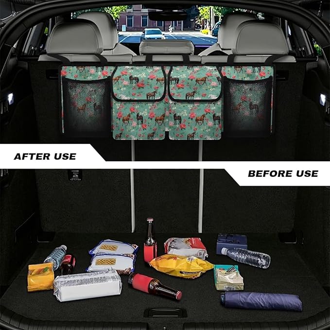 Horses Car Trunk Organizer with 4 Storage Bags Pink Floral Flowers Car Storage Organizer Waterproof,Easy to Install
