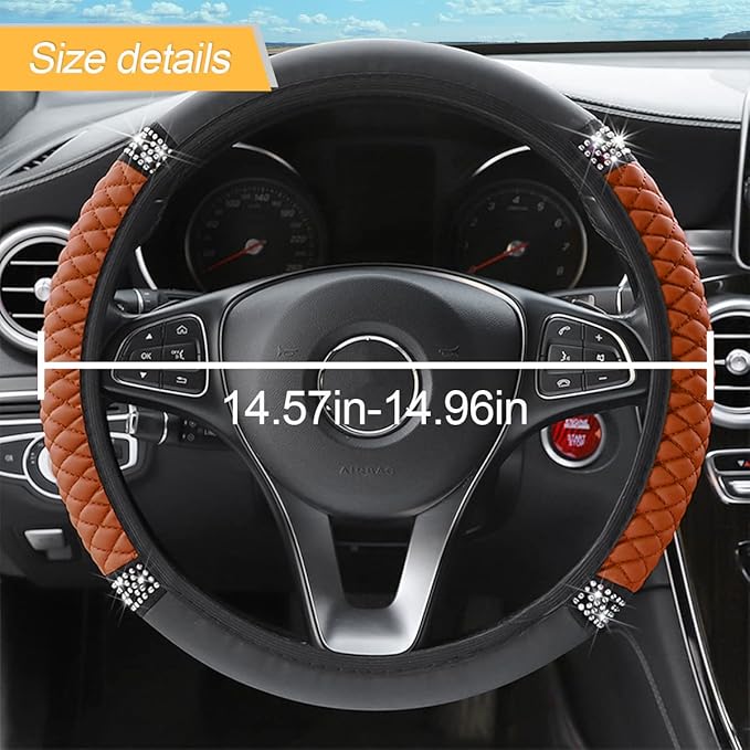 Leather Car Steering Wheel Cover, 15 Inch Colorful Rhinestones Elastic Auto Steering Wheel Protector, Bling Steering Wheel Cover for Women Men, Car Accessories for Cars, Vehicles, SUVs (Brown)
