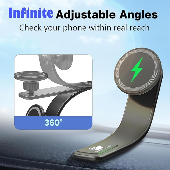 15W for MagSafe Car Mount Charger: Relocatable Car Phone Mount with 360° Adjustable Aluminum Arm , for Car Phone Mount Charger Dashboard/Windscreen/Vent Fit,Magnetic Phone Holder for car