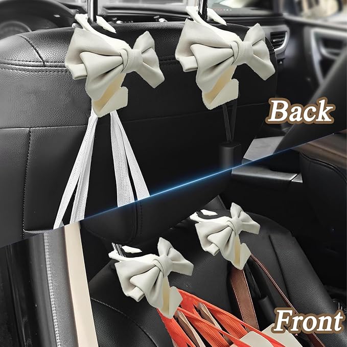 Car Purse Hook for Car 2 Pcs White Cute Bow Car Seat Headrest Hook ,Cute Bow Shaped Vehicle Backseat Storage Hooks, Car Seat Storage Organizer Bag Hooks for Wallets,Coats,Umbrellas,Car Accessories