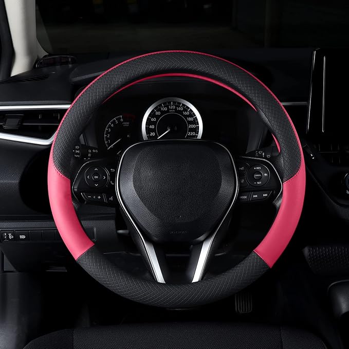 Auto Car Leather Steering Wheel Cover Anti Slip Wrap 15" (Hot Pink)