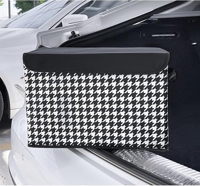 Car Cargo Trunk Storage Box with Lid, Houndstooth Pattern Large Capacity Collapsible Storage Organizer With Cover, Non-slip Bottom Carrying Handles, Fit All Cars (Black/White)