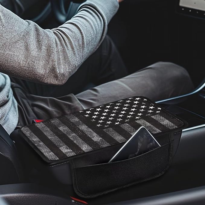 Boatee USA Flag Center Armrest Cover Dust-Proof Armrest Cover for Car Armrest Storage Box Mat Console Cover Automotive Armrests Comfortable Interior Protection with Pockets Black