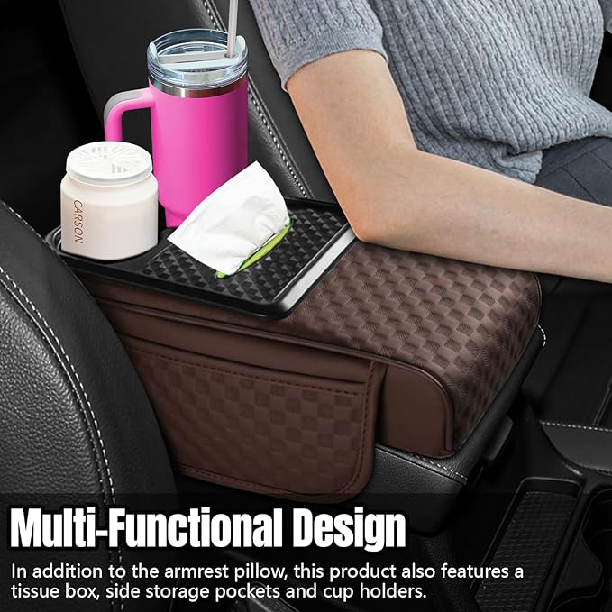 Hovom Car Center Console Armrest Pillow, 13.78"×7.48"×2.76" Leather Arm Rest Cover for Cars, Multifunctional Auto Armrest Cushion Pad with Pocket, Tissue Box & Cup Holder, Car Accessories (Coffee)
