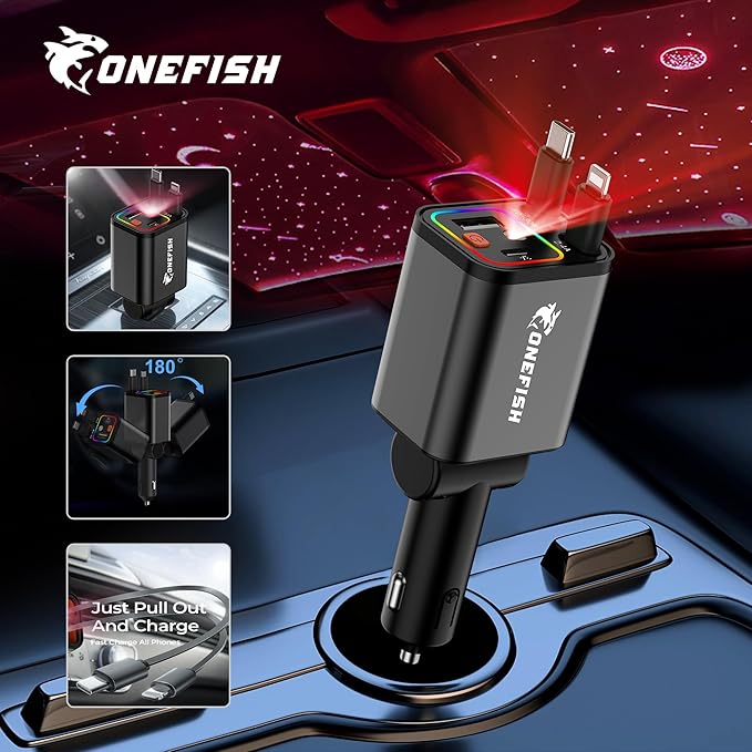 OneFish Starlight Fast Car Charger, 4 in 1 Cigarette Lighter Chargers with USB Type C Ports Retractable Cord Display, for iPhone 17 16 15 14 Pro Max Plus/iPad, Car Truck Essentials Gift for Women Men