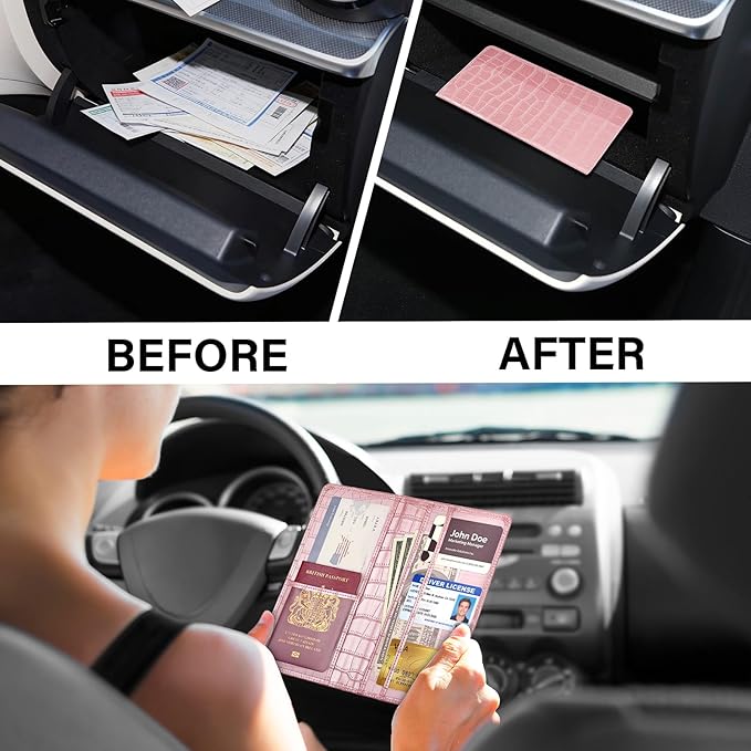 Car Registration and Insurance Holder, Pink Vehicle Glove Box Car Organizer with Magnetic Closure for Documents, Cards, License Car Organization, 1 Pack