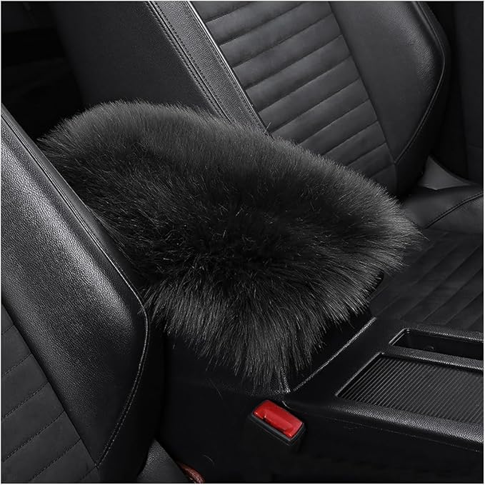 Auto Center Console Pad, 11.8" x 7.9" Furry Armrest Cover Universal for SUV/Truck/Car, Warm Winter Premium Faux Sheepskin Wool, Soft Fluffy Car Armrest Seat Box Cushion Protector (Black)