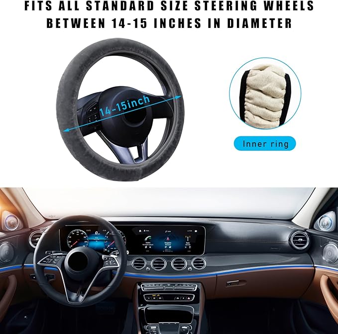 Augeny Fuzzy Car Steering Wheel Cover, Anti-Slip Soft Plush Steering Wheel Protector, 15 Inch Elastic Wheel Covers, Universal Vehicle Interior Winter Warm Accessories for Men Women (Gray)